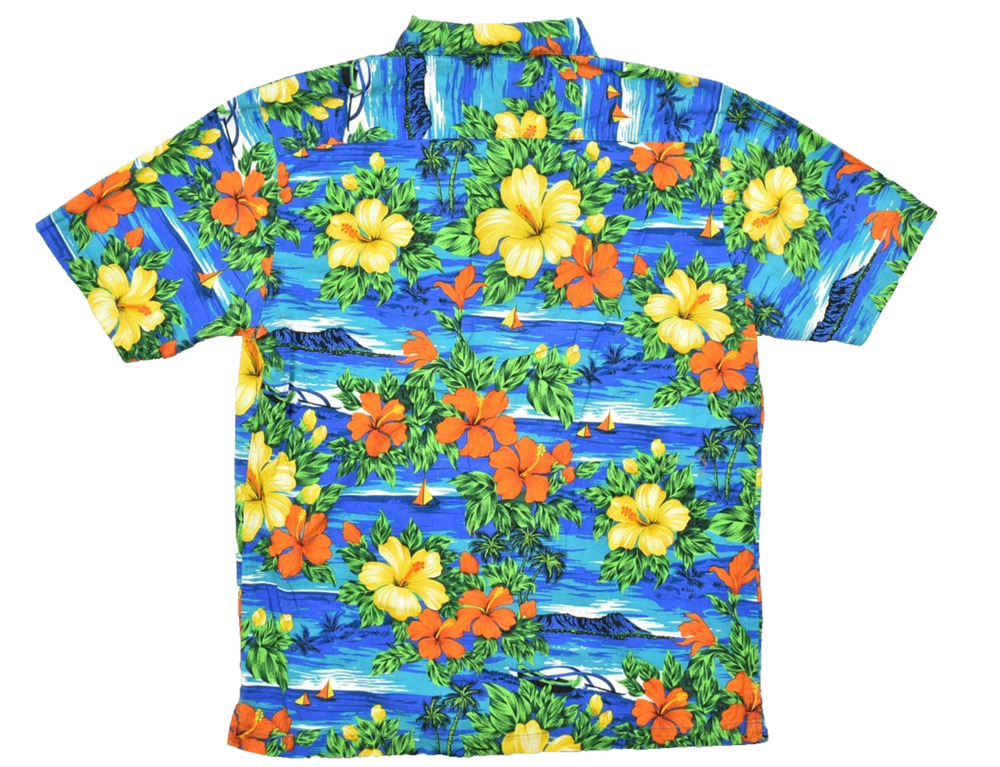 Squish Wear Men's Large Blue Hawaiian Shirt Hibiscus Tropical Floral Cotton Butt
